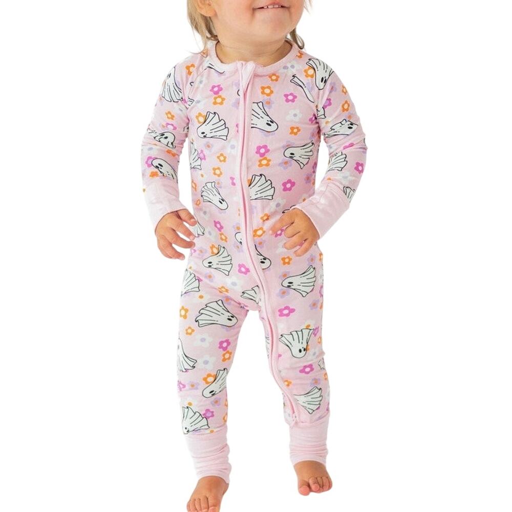 Miozing Baby Girls Halloween Pink Ghost Flower Bamboo Zipper Romper PJs 12-18M